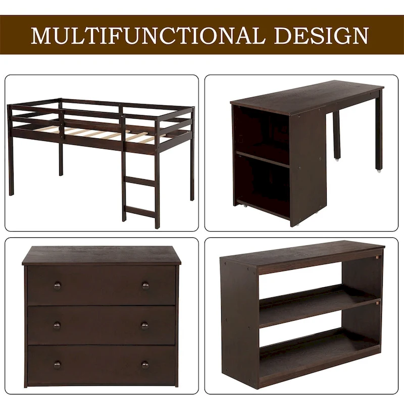 Merax Twin Low Loft Bed with Desk and Cabinet