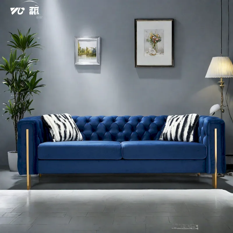 84.25 Velvet 3-Seater Sofa with Button Tufting, Gold Metal Legs, Pocket Spring And Foam Cushioning, 700 lb Capacity
