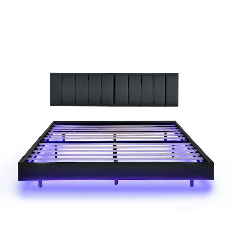 Floating Bed Frame With Led Lights And Wall Mounted Headboard