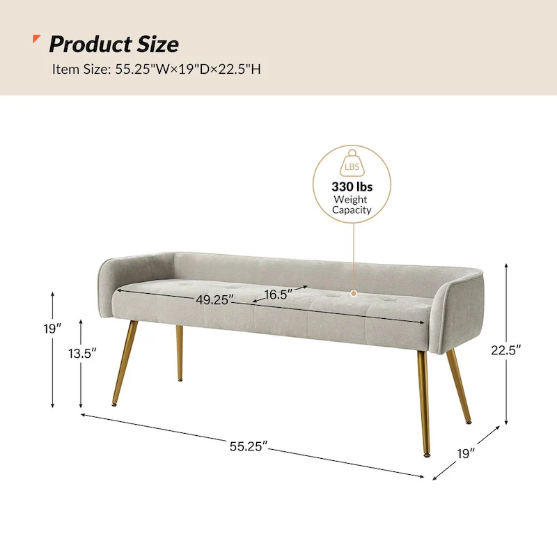 Luis Modern Upholstered Low Back Bench with Sturdy Golden Metal Tapered Leg by HULALA HOME