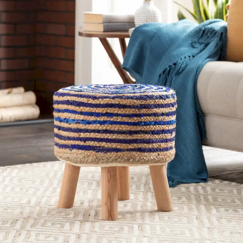 Livabliss Baeley Hand Crafted Bohemian Jute and Wood Foot Stool