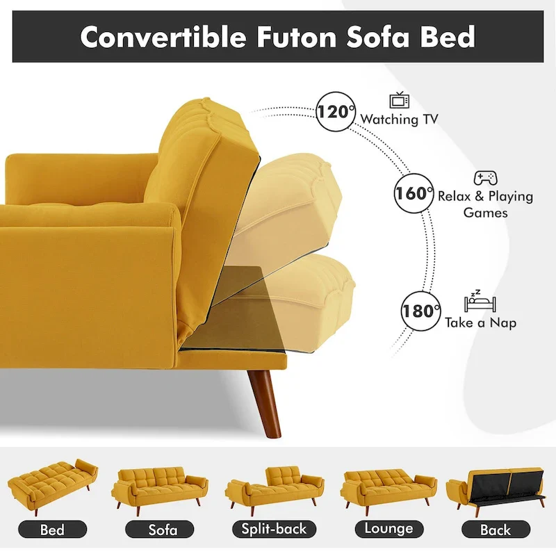 Futon Sofa Bed, Convertible Folding Futon Couch Recliner Lounge For Living Room With 2 Pillow/Armrest