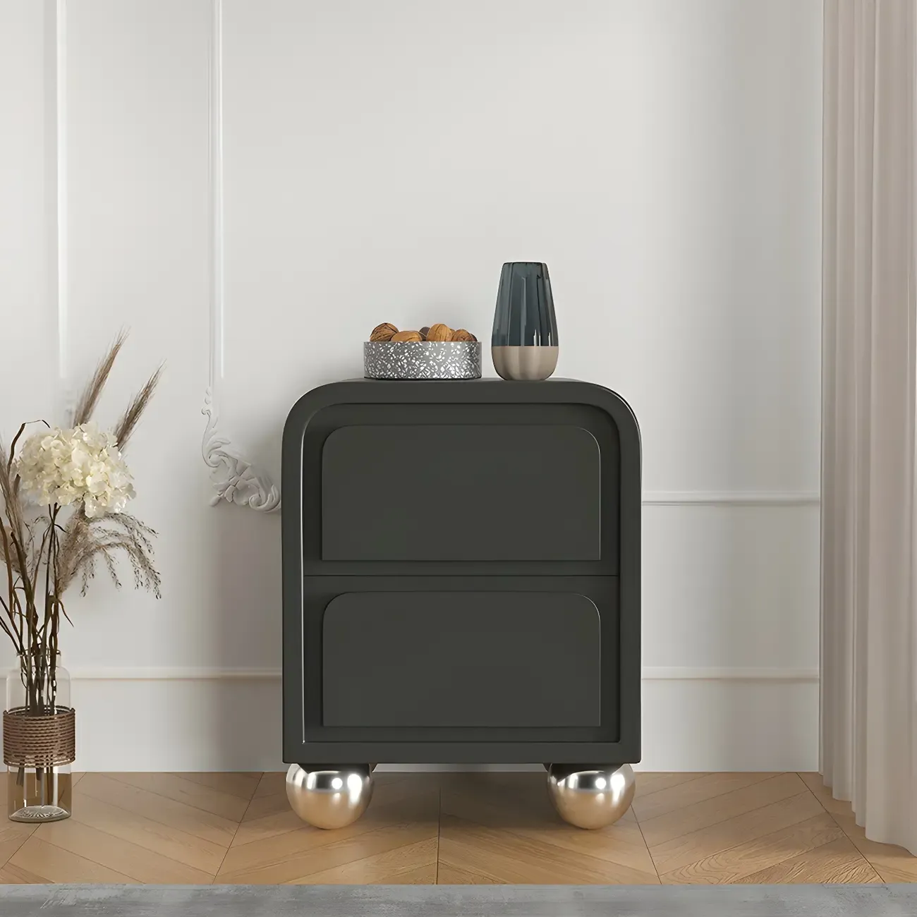 Narrow Off-White Faux Leather 2 Drawers Nightstand