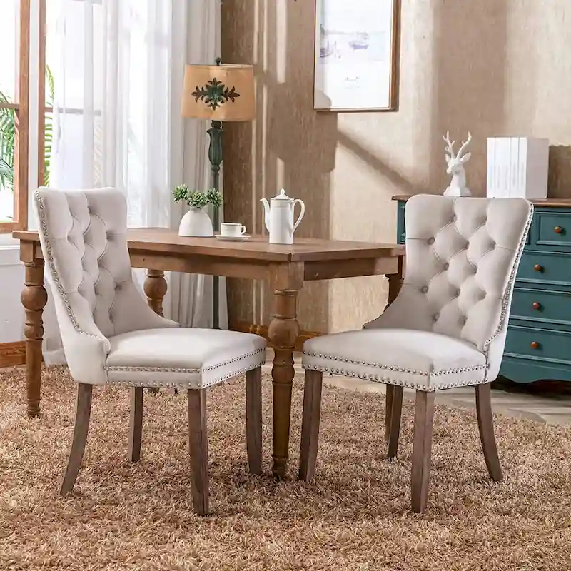 Dining Chairs Set of 2, Upholstered Accent Chair Button Tufted Armless Chair with Back Ring Pull and Nailhead Trim