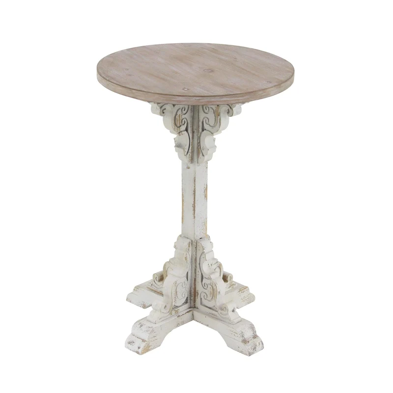 Wood Scroll Intricately Carved Accent End Table, Rustic Brown Gray Cream Side Table