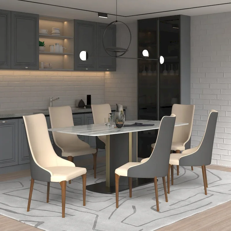 High-Back Dining Chair Upholstered in Leather with Ash Wood Legs Elm Collection