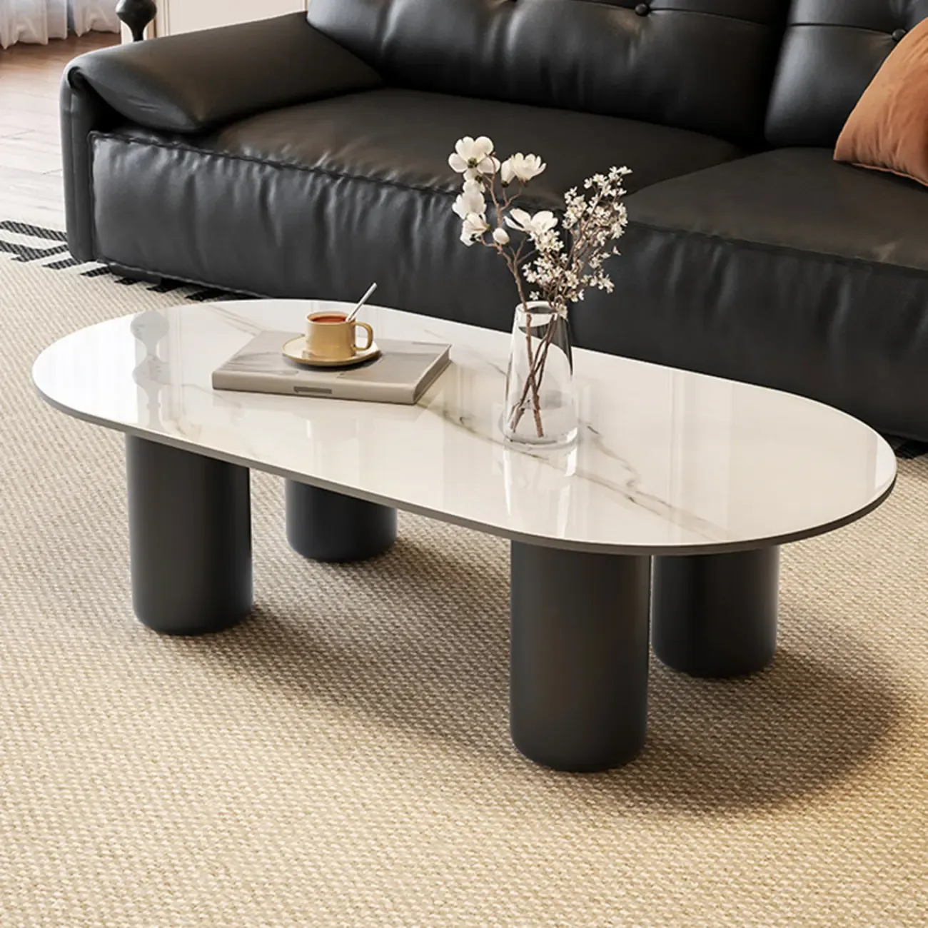 Living Room 4 Legs Simple Wood Stone Oval Coffee Table