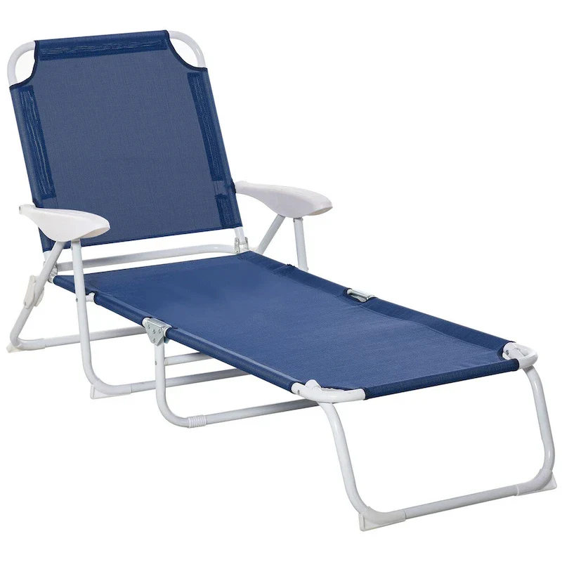 Folding Chaise Lounge, Outdoor Sun Tanning Chair, 4-Position Reclining Back, Armrests, Metal Frame and Mesh Fabric