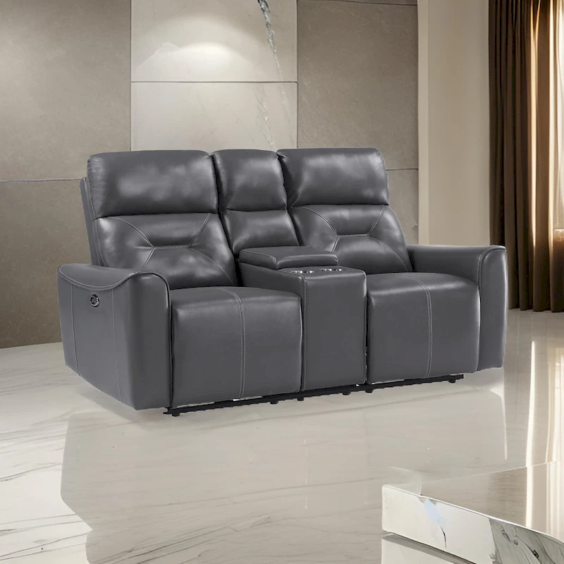 Well 73 Inch Power Double Recliner Loveseat, Dark Gray Faux Leather, Wood
