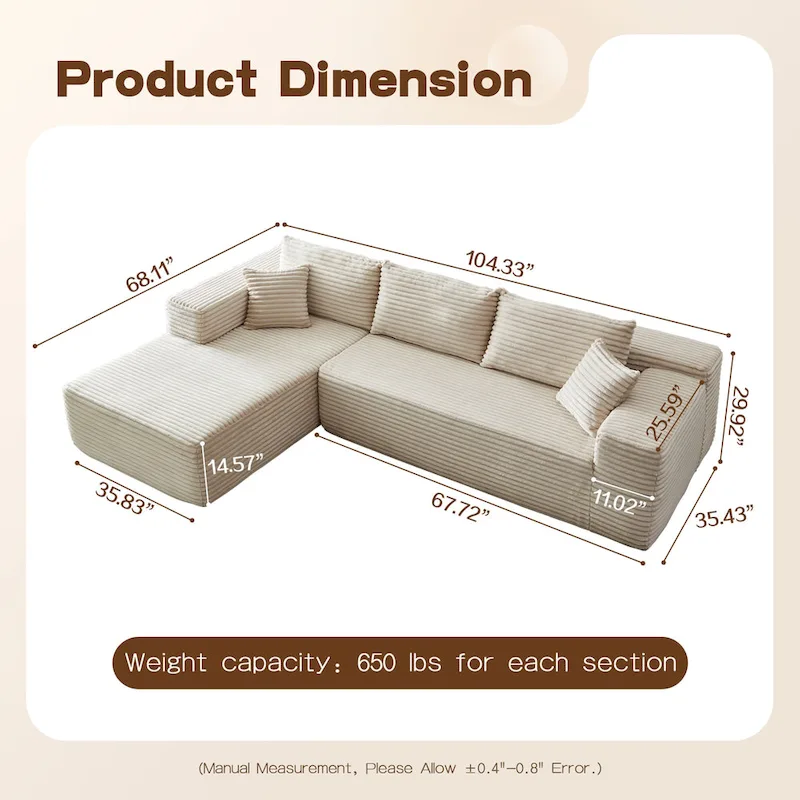 OVIOS Long Plush No Assembly Required Chaise Sofa