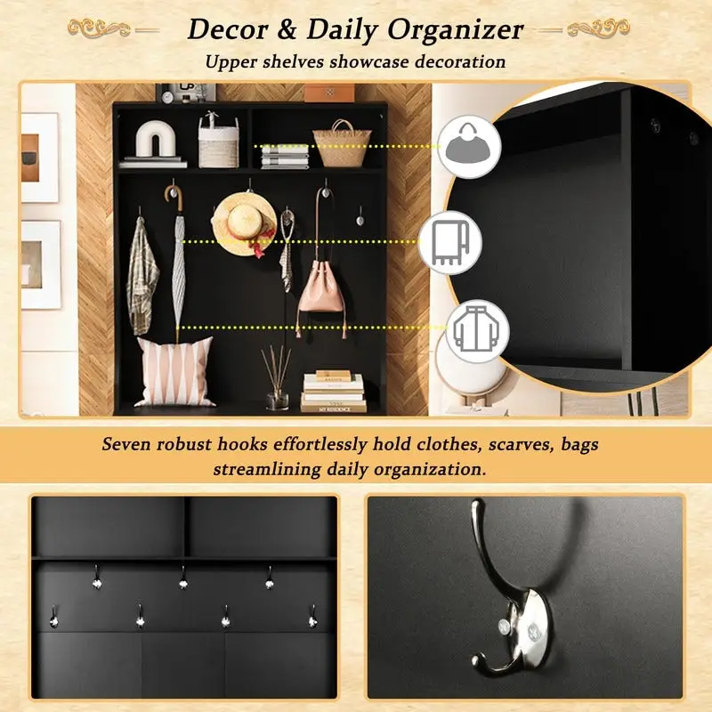 Wide Hall Tree with 10 Shoe Cubbies & 7 Coat Hooks, 43 W Coat Rack with Entryway Bench, 3-in-1 Design and Adjustable Shelves