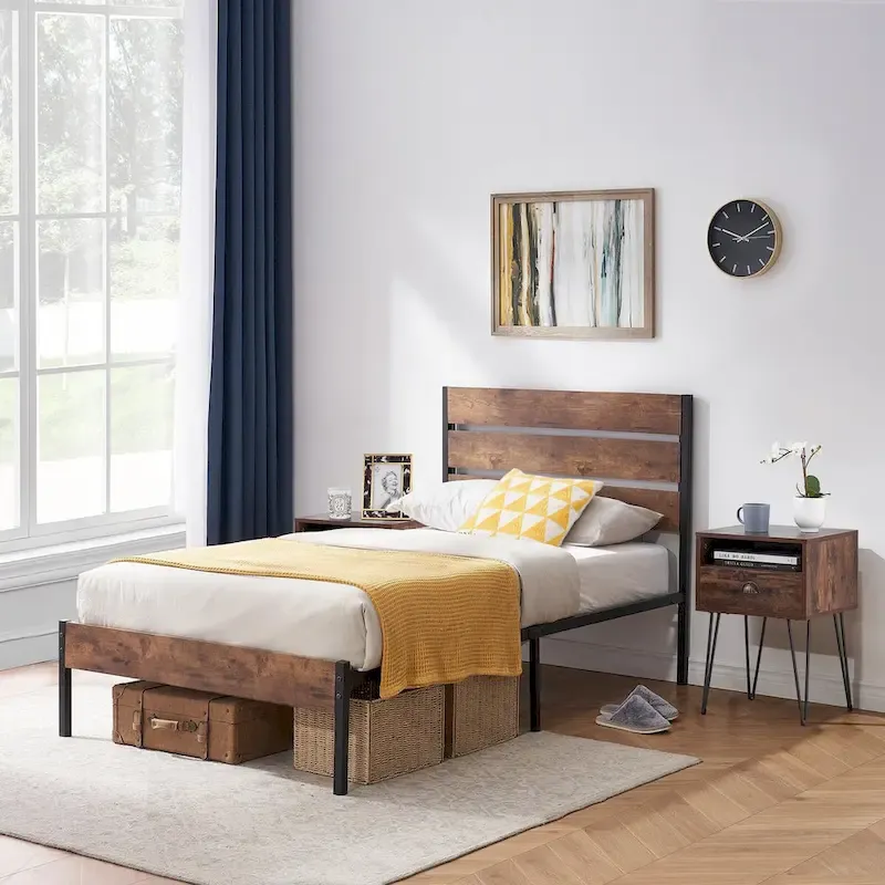 Taomika 3-Pieces Industrial Bed and Modern Square Nightstands Set