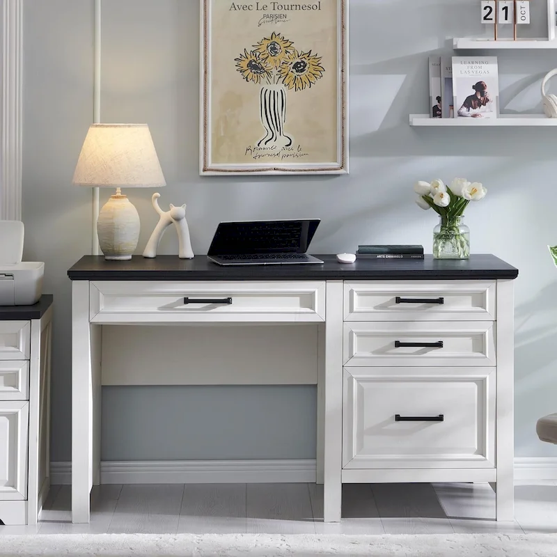 Modern Farmhouse Home Office Desk, Computer Desk with File Cabinet