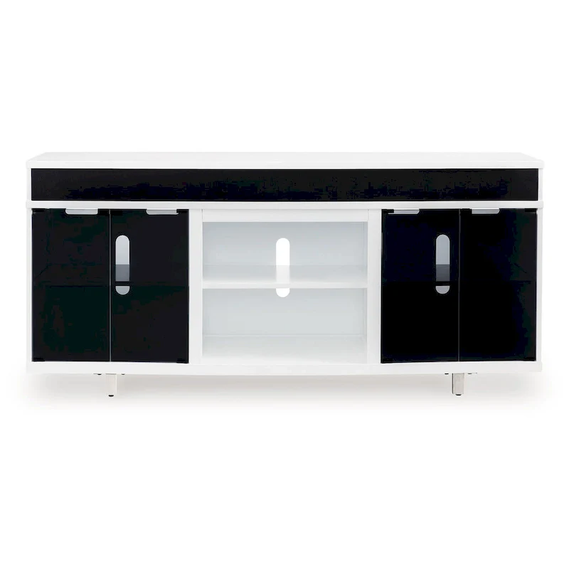 TV Media Console, Modern, 72"W, 4 Glass Doors, 3 Cabinets, Fireplace Opening, Chrome Feet, White/Black/Chrome