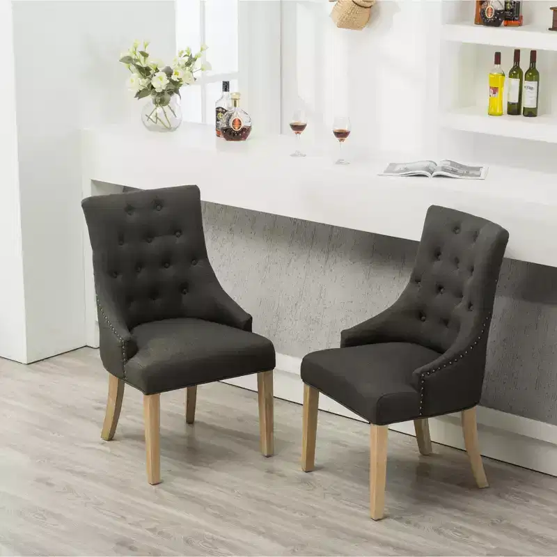 Roundhill Furniture Button Tufted Solid Wood Wingback Hostess Chairs with Nail Heads, Charcoal, Set of 2