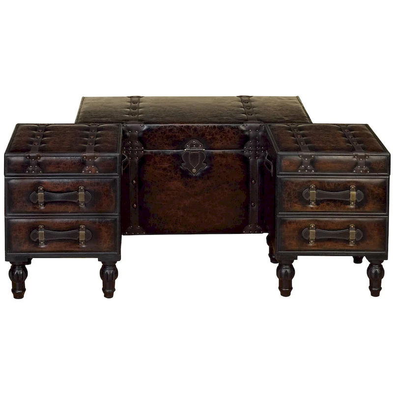 Wood Vintage Faux Leather 4 Drawer Bench with Faux Leather Straps and Studs - Set of 3 Brown - Roche River Decor