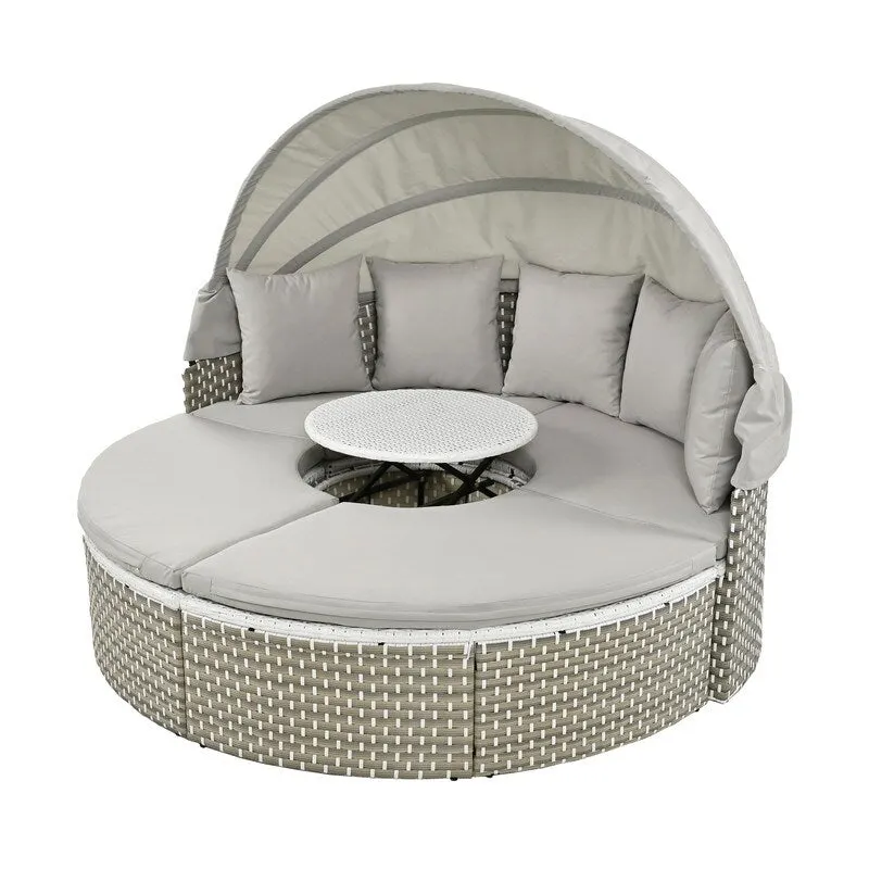 Round Patio Sectional Sofa Set  Two-Tone Rattan Daybed with Retractable Canopy & Modular Seating