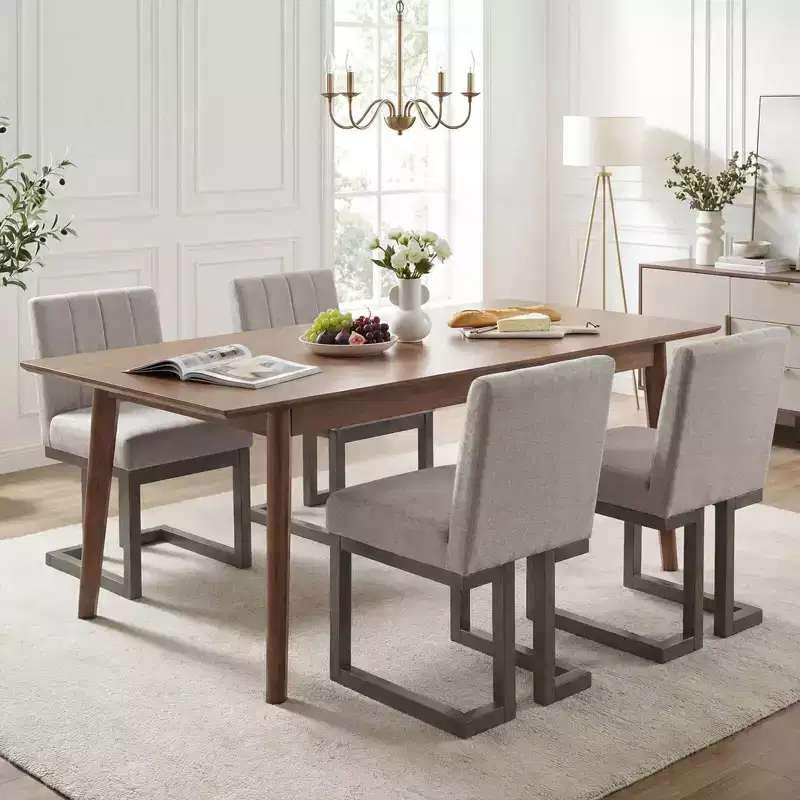 Beige+Gray / Walnut Farmhouse Upholstered Dining Chair, Armless, 2/4 PCS