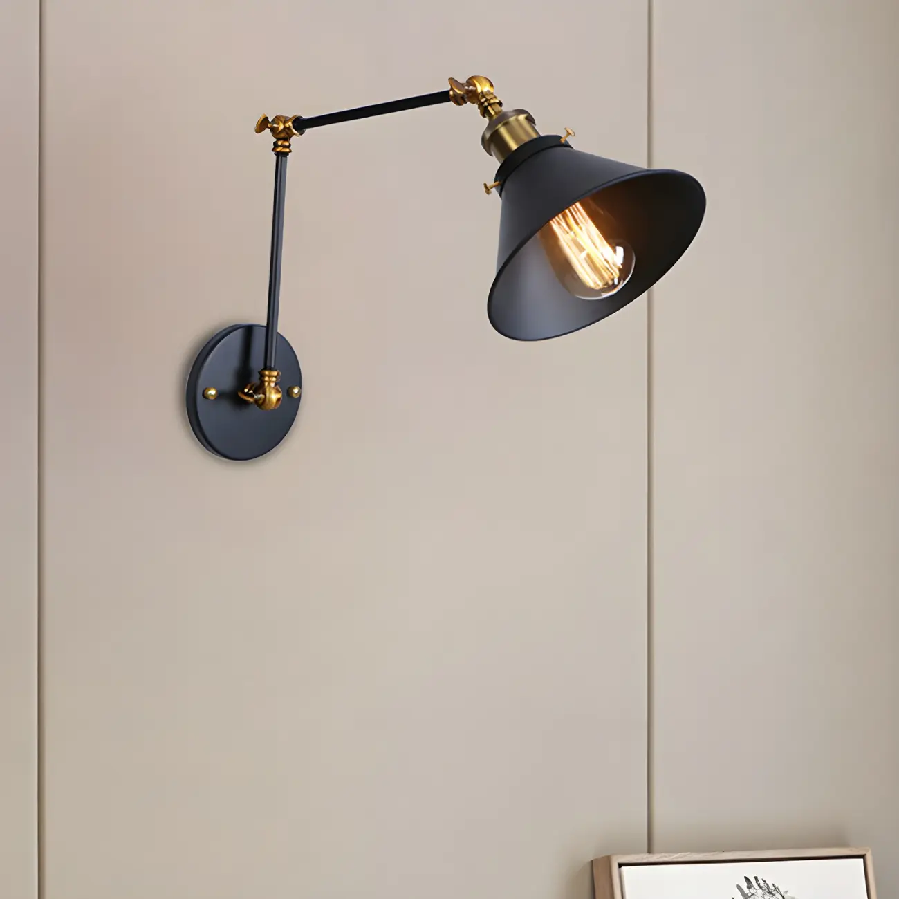 Industrial Brass Black Adjustable Swing Arm Wall Light