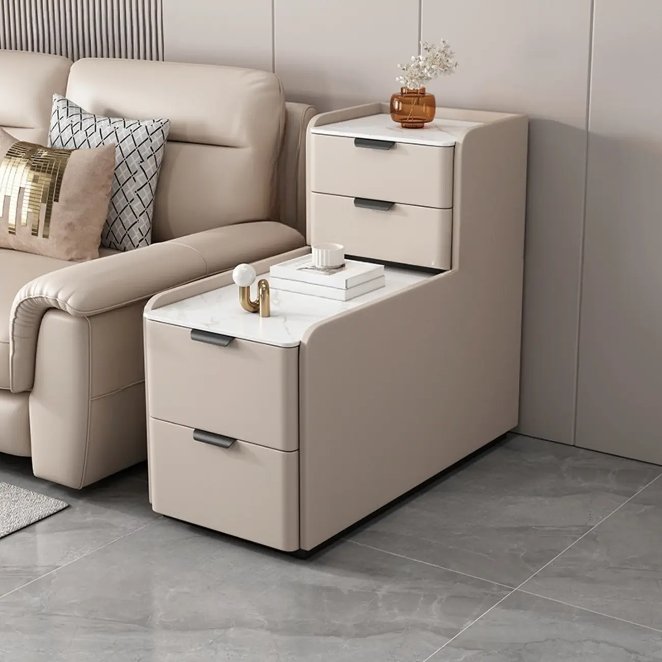 Tall 4-Drawer Stone Top Wooden L-Shaped Sofa End Table