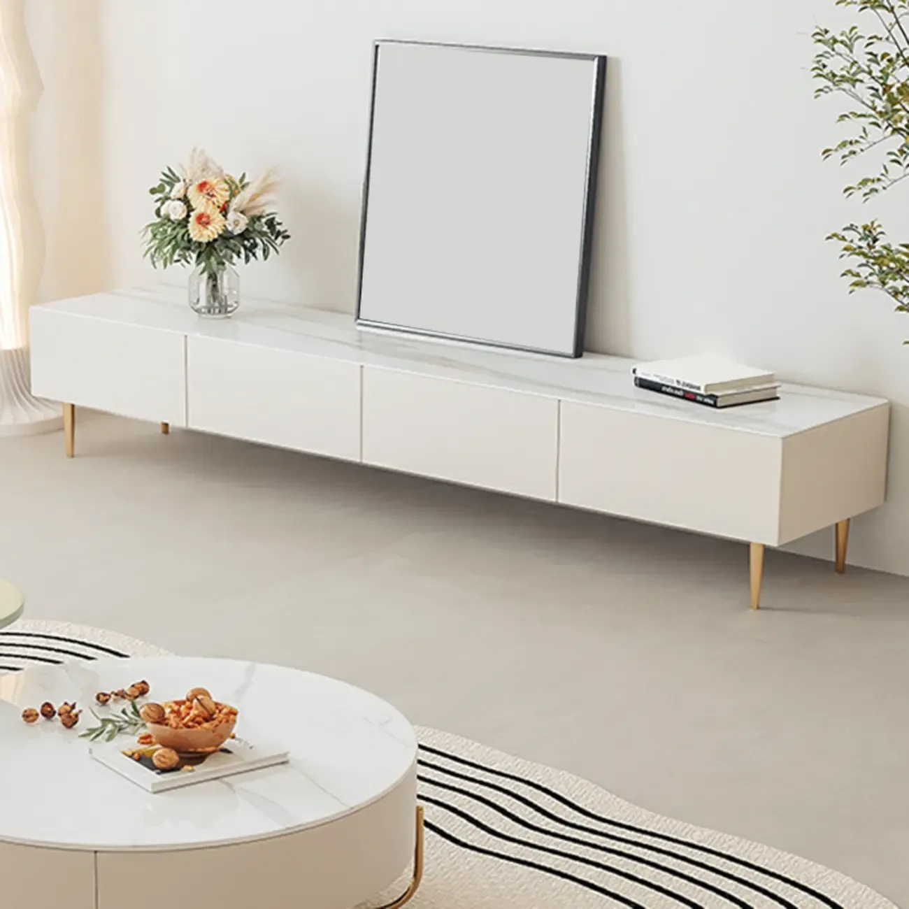 White Stone Cable Management Drawers TV Stand with Legs