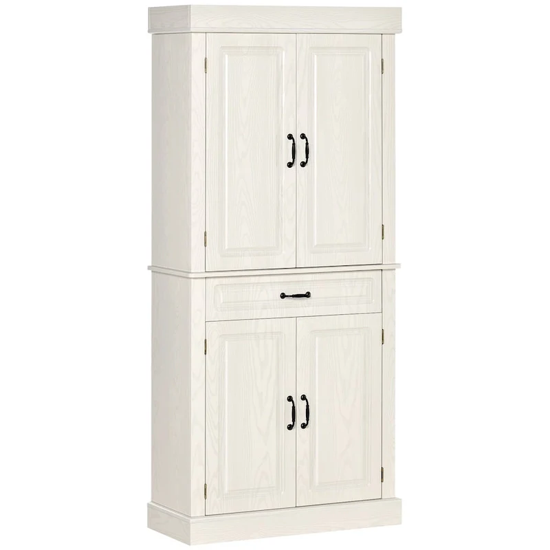 White Tall Kitchen Pantry Cabinet with 4 Doors, 1 Drawer & Raised Panel Detail