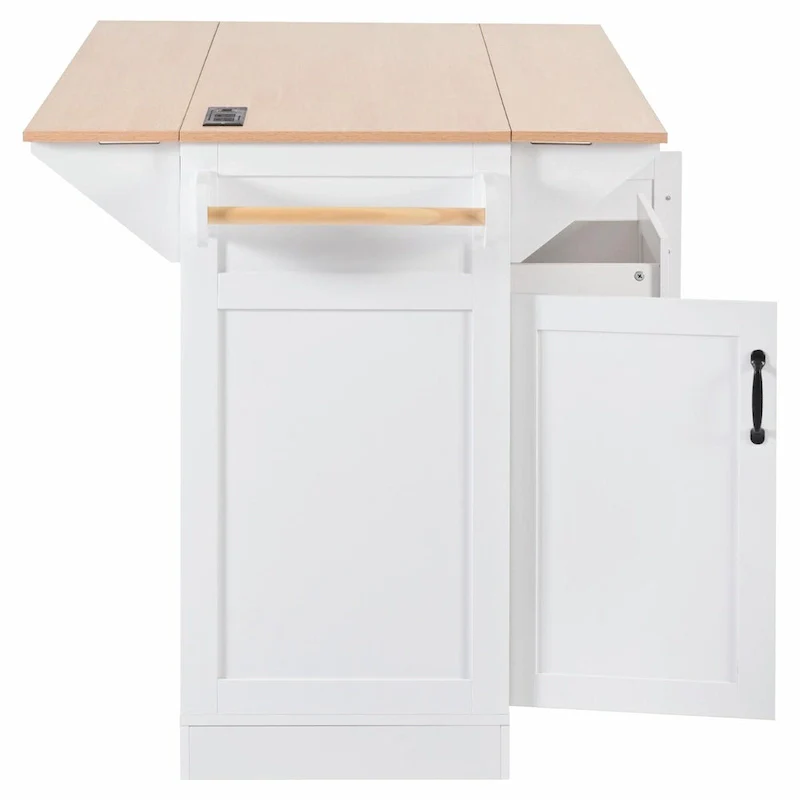 55.7 Kitchen Island with Drop Leaves, Rolling Cart with Power Outlet, Spice Rack, and 3 Drawers