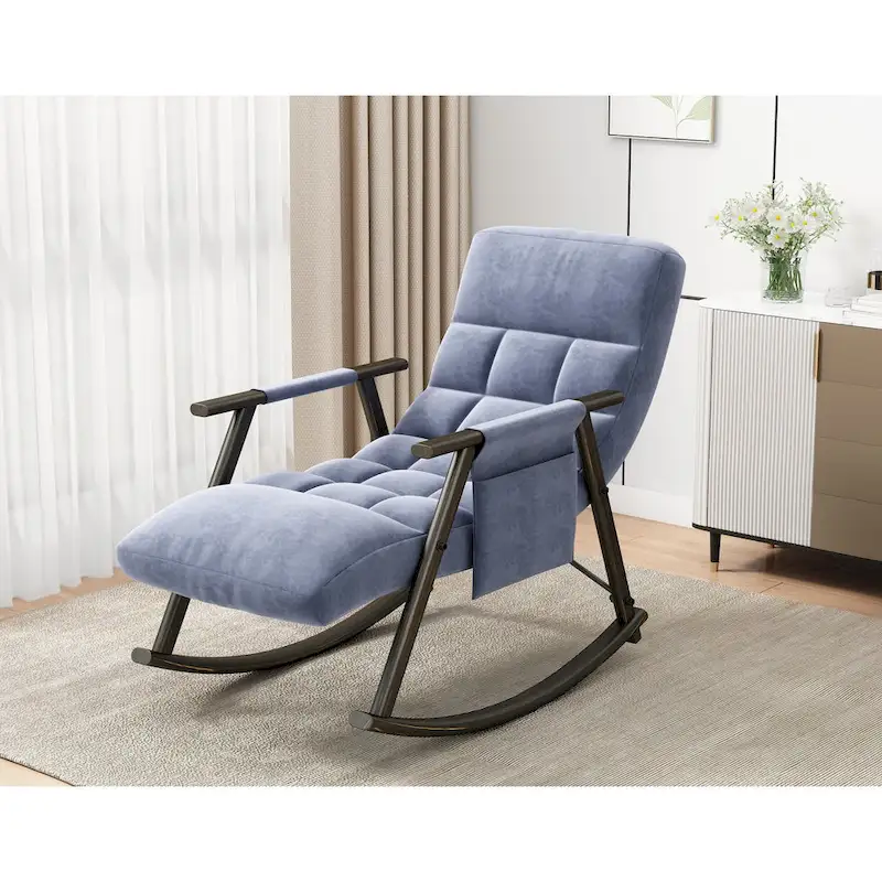 Casual folding rocking chair upholstered, lounge rocking chair adjustable high back and foot rest