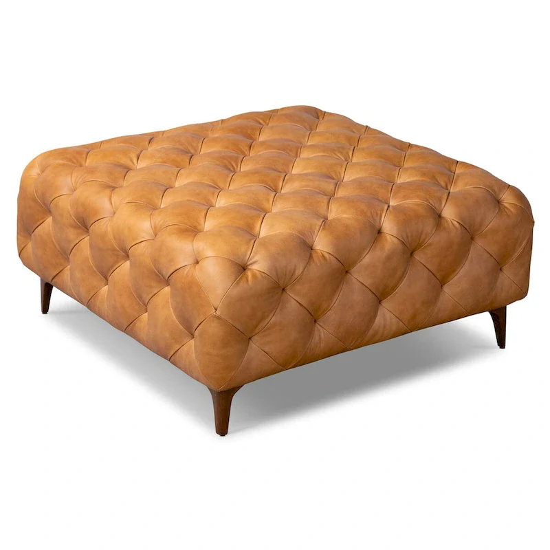 Poly & Bark Turin Ottoman in Cognac Tan with Wood Legs - Full Grain Genuine Italian Leather