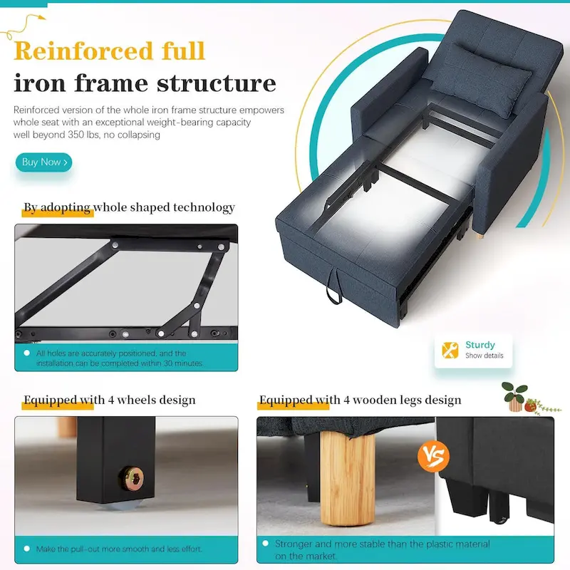 AECOJOY 3 in 1 Sleeper Sofa Chair w/ Pillow &Convertible Backrest