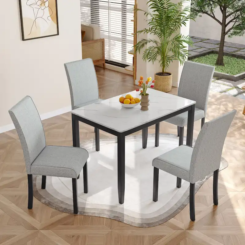 Corvus Fowey 5-piece Dining Set, Marble Sticker MDF Table and 4 Upholstered Chairs