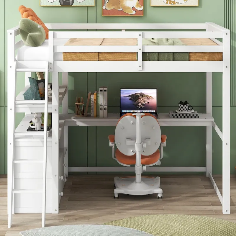 Loft Bed with Desk and Shelves, Two Built-in Drawers