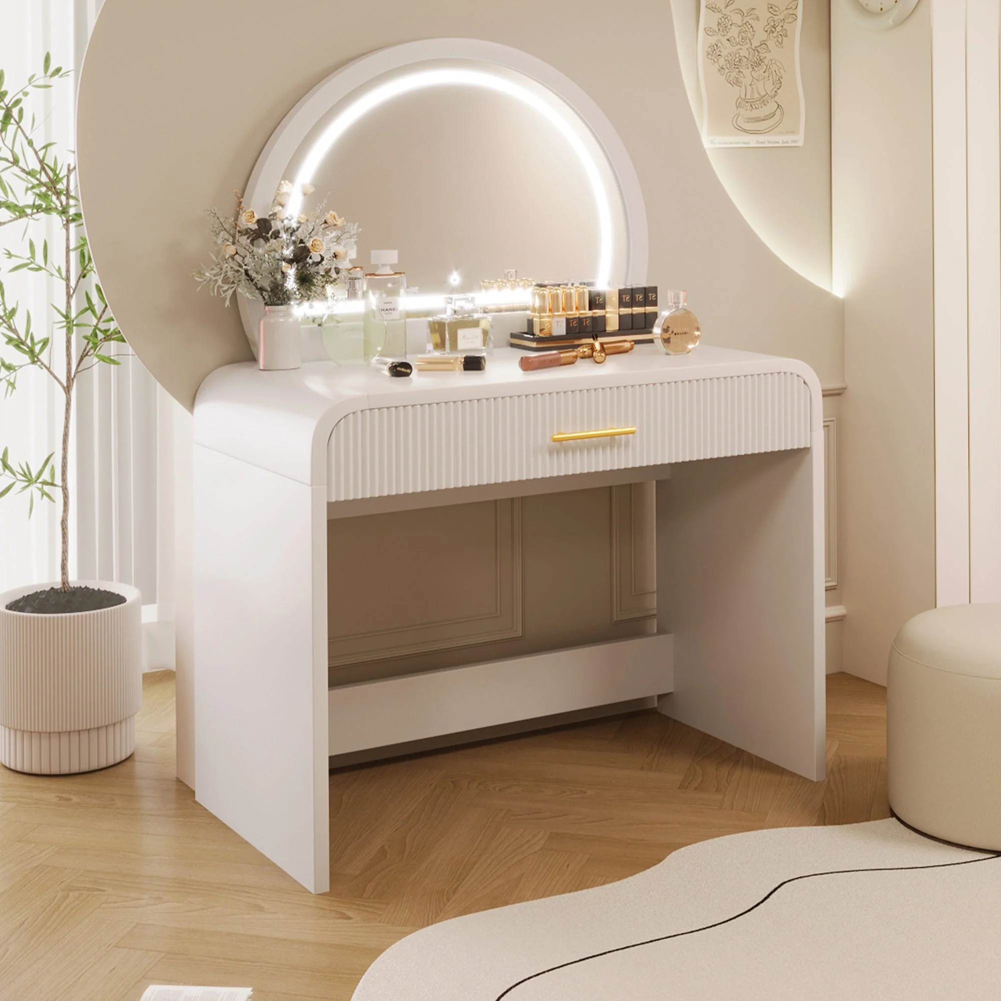 Walker Edison | Curve Reeded Makeup Vanity Table with Mirror Touch Screen Light