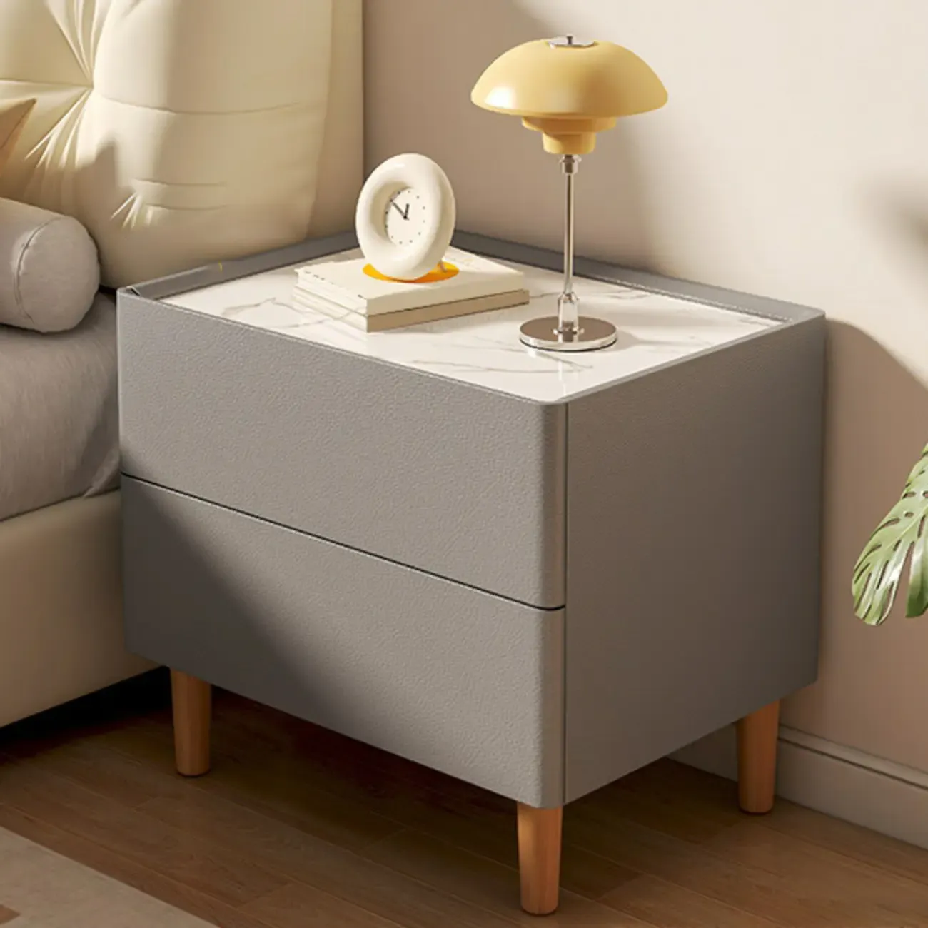 Modern White Sintered Stone Top Leather Drawers Nightstand