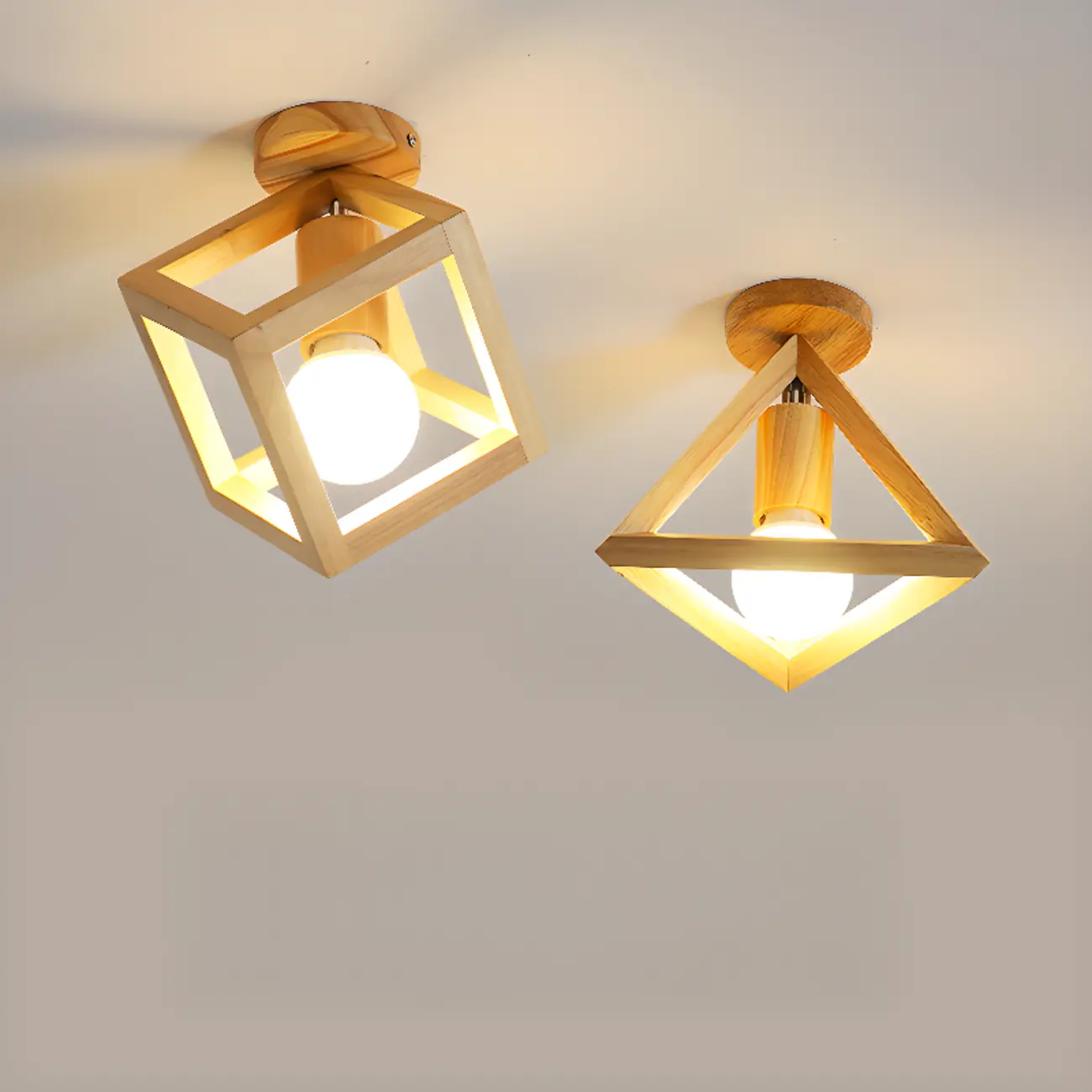 Natural Rubber Wood Cube Shade Semi Flush Ceiling Light