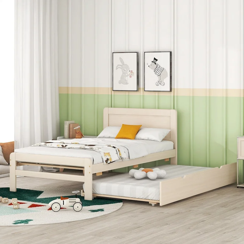 White Twin Platform Bed Frame in Solid Wood with Trundle and Modern Wood Headboard