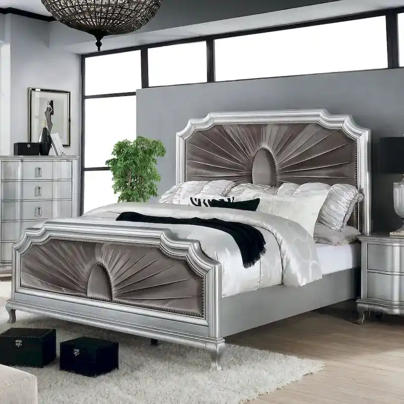 Furniture of America Maza Glam Silver Solid Wood Panel Bed