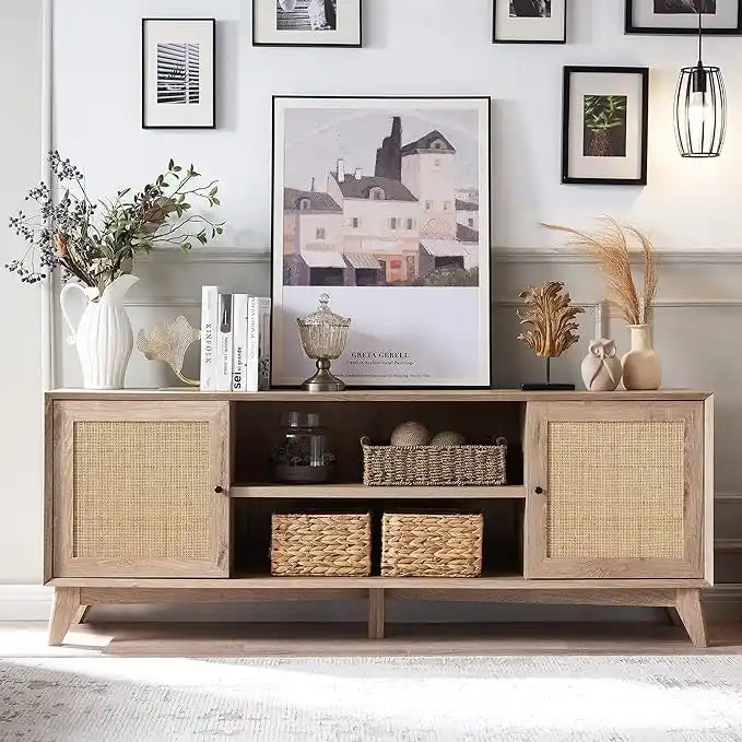 Mid-Century Modern Rattan TV Stand for 75 TV, Entertainment Center