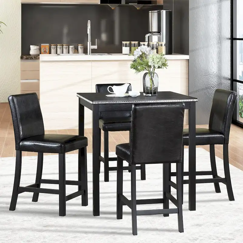5 Pcs Counter Height Dining Table Set, Wooden Diningroom Furniture Set with Square Table and 4 Upholstered Chairs