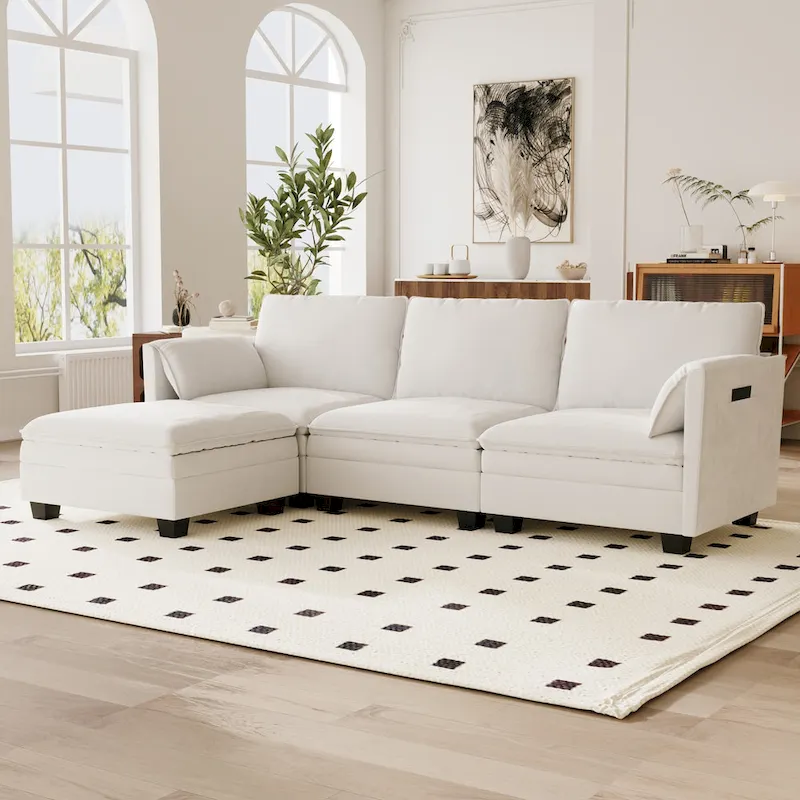 Christopher Knight Home - Noah Large 3-Seater L-Shaped Sofa with Movable Ottoman and Armrest Pockets, Fabric Upholstery