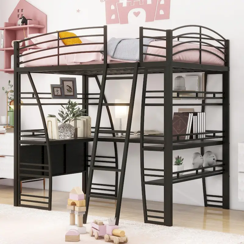 Black Metal Loft Bed with 4 Layers of Shelves, L-Shaped Desk, Sockets, USB Ports, Wireless Charging