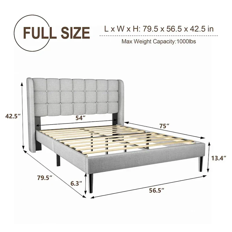 Upholstered Wingback Bed Frame with Wooden Slats