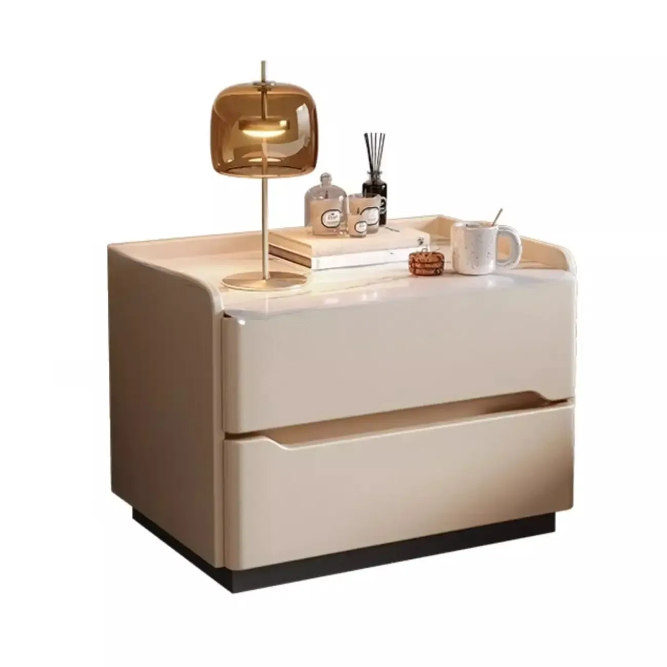 Modern Leather Tray Stone Top 2 Drawers Nightstand