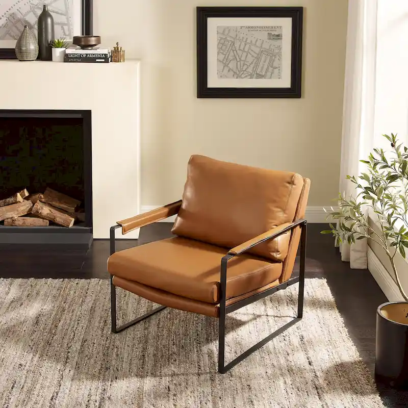 Mid-Century Leather Accent Chair, Brown/Khaki, Metal Frame, Seats 1