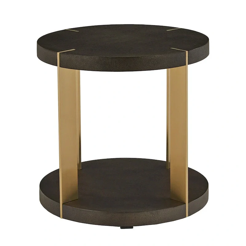 Gold Finish Metal Dark Brown Faux Shagreen Round Table Set