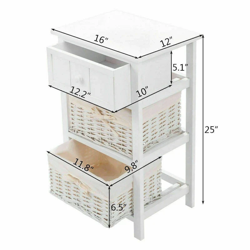 3 Layer Set of 2 Wooden Bedside End Table with 2 Wicker Baskets and 1 Drawer - 16 x 12 x 25(L x W x H)