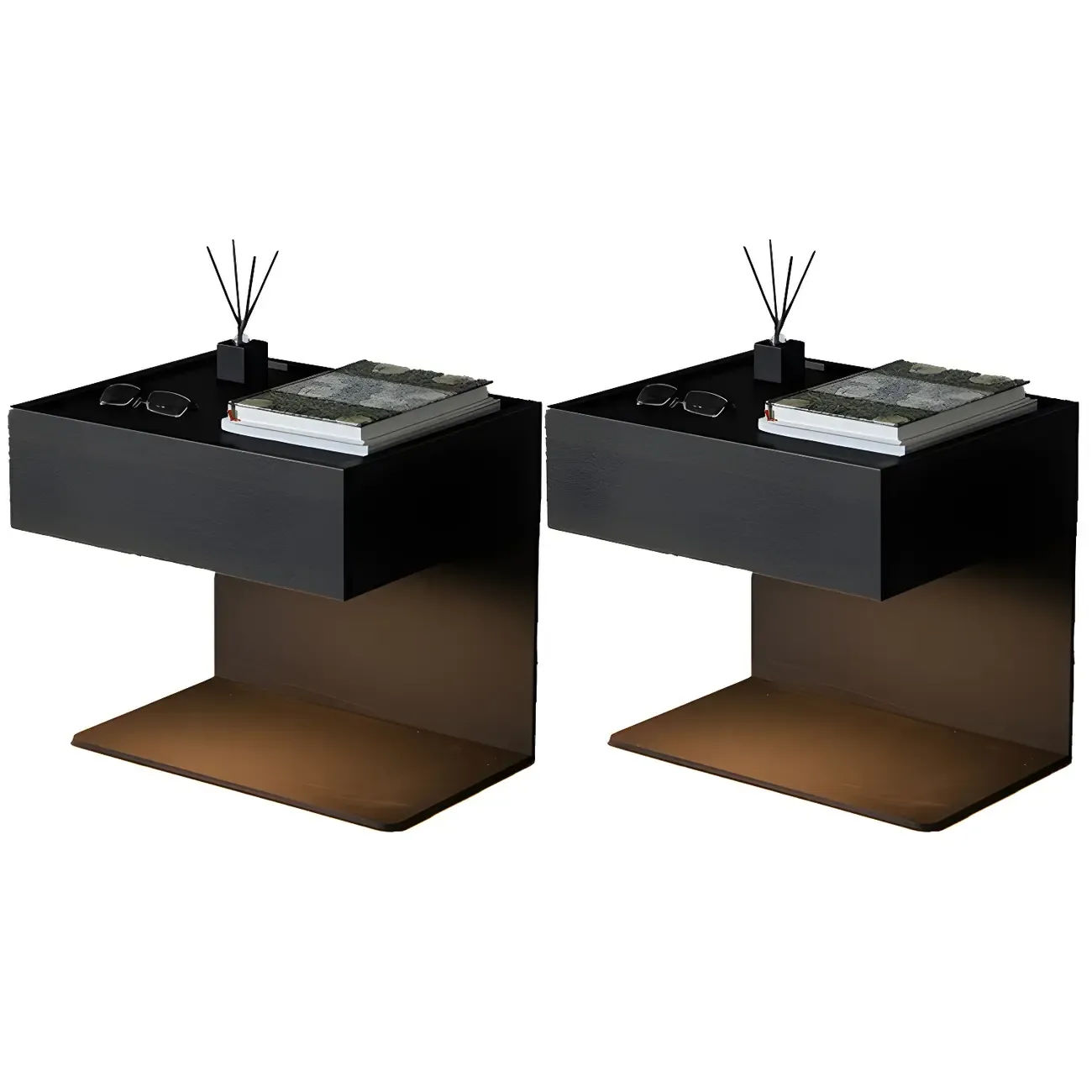 Black Steel Wood C-Shaped Drawer Nightstand with Light