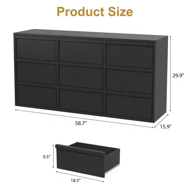 9-Drawer Dresser — Black / Natural / Walnut / White, Fits 1–2 Users