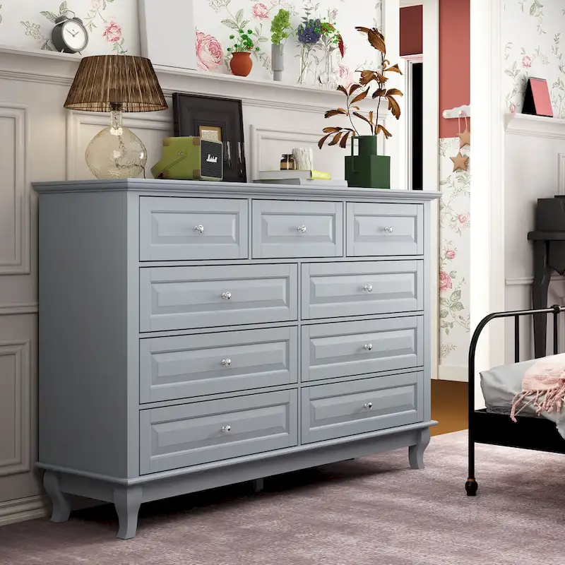 9-Drawer Dresser with Solid Wood Legs Chest Of Drawers Lacquer Console