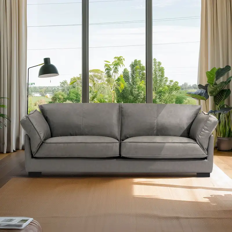 Mid-Century Modern 89.76 Inch Genuine Leather Sofa, 3-Seater Couch for Living Room, Bedroom, Office - Graphite